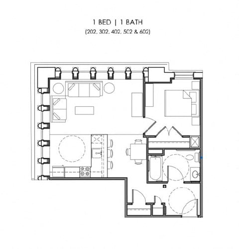 Floor plan for 1 bed, 1 bath, 601 sqft